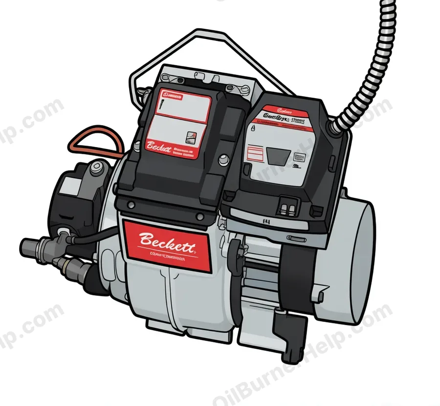 Beckett AFG oil burner: black motor and blower beside the white burner housing, the control box on top and the Beckett name on the label