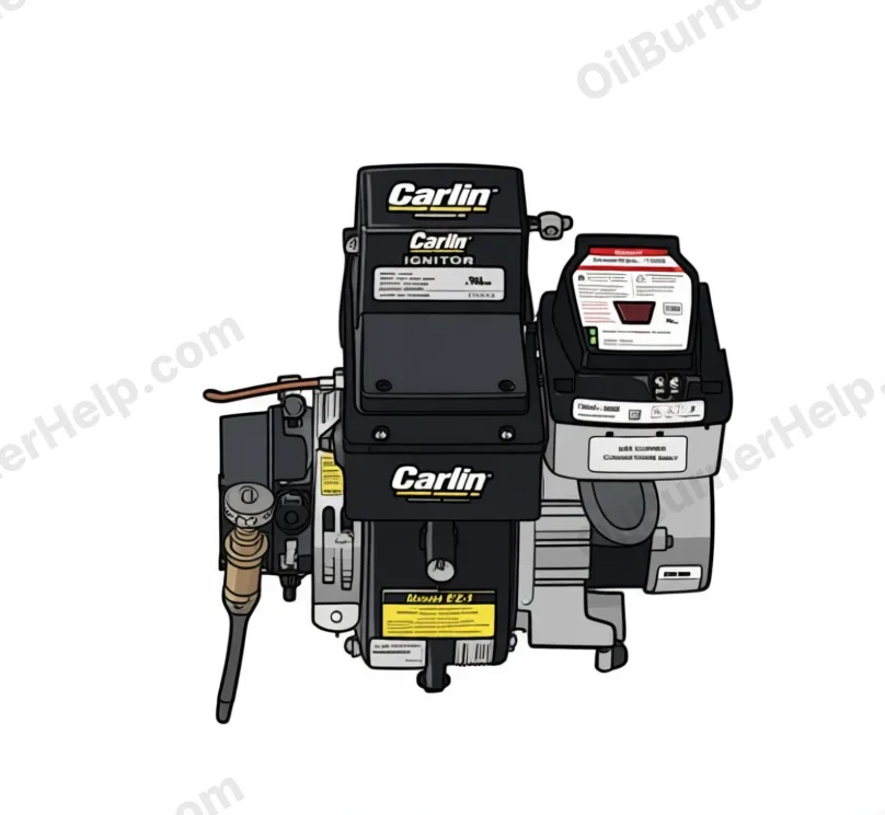 Carlin EZ series oil burner: black housing with the yellow and orange Carlin flame logo and a yellow model label, the motor and the air tube in view