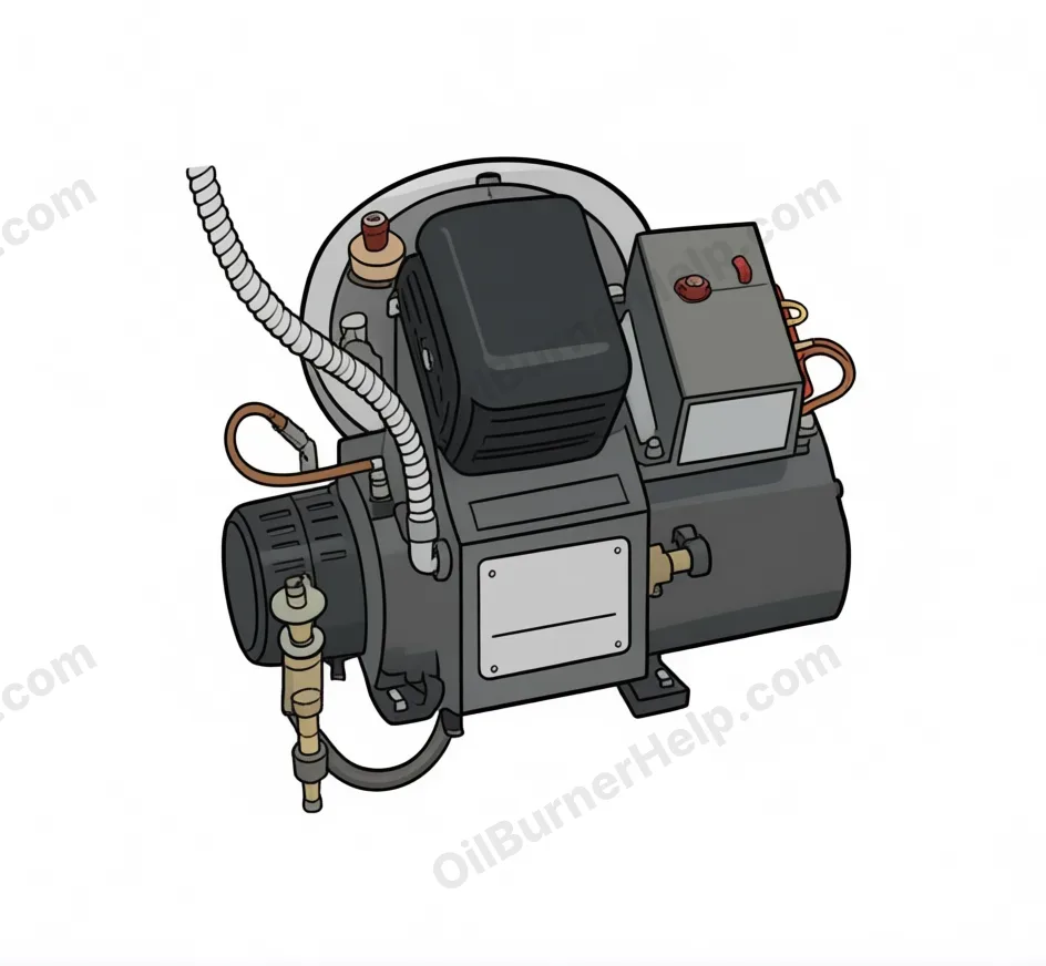 Wayne oil burner: grey motor and housing with the igniter box on top and a small blank metal nameplate on the side