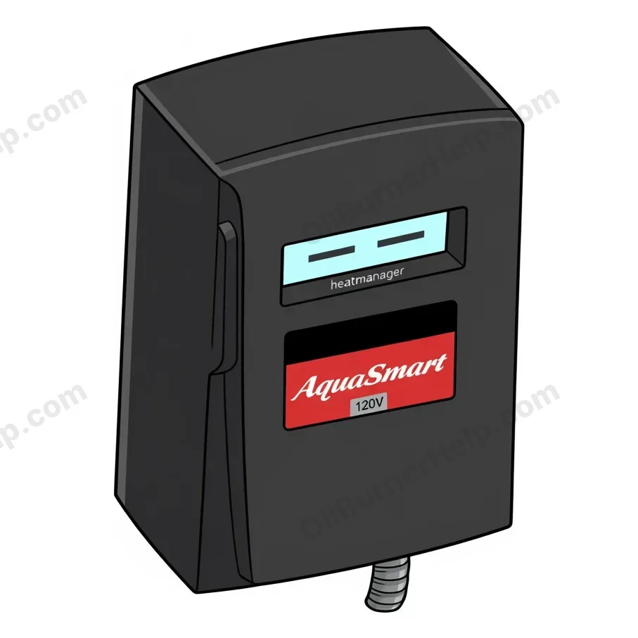 Beckett AquaSmart 7600 boiler control: black box with a red AquaSmart label and a small text window in the lid that glows blue