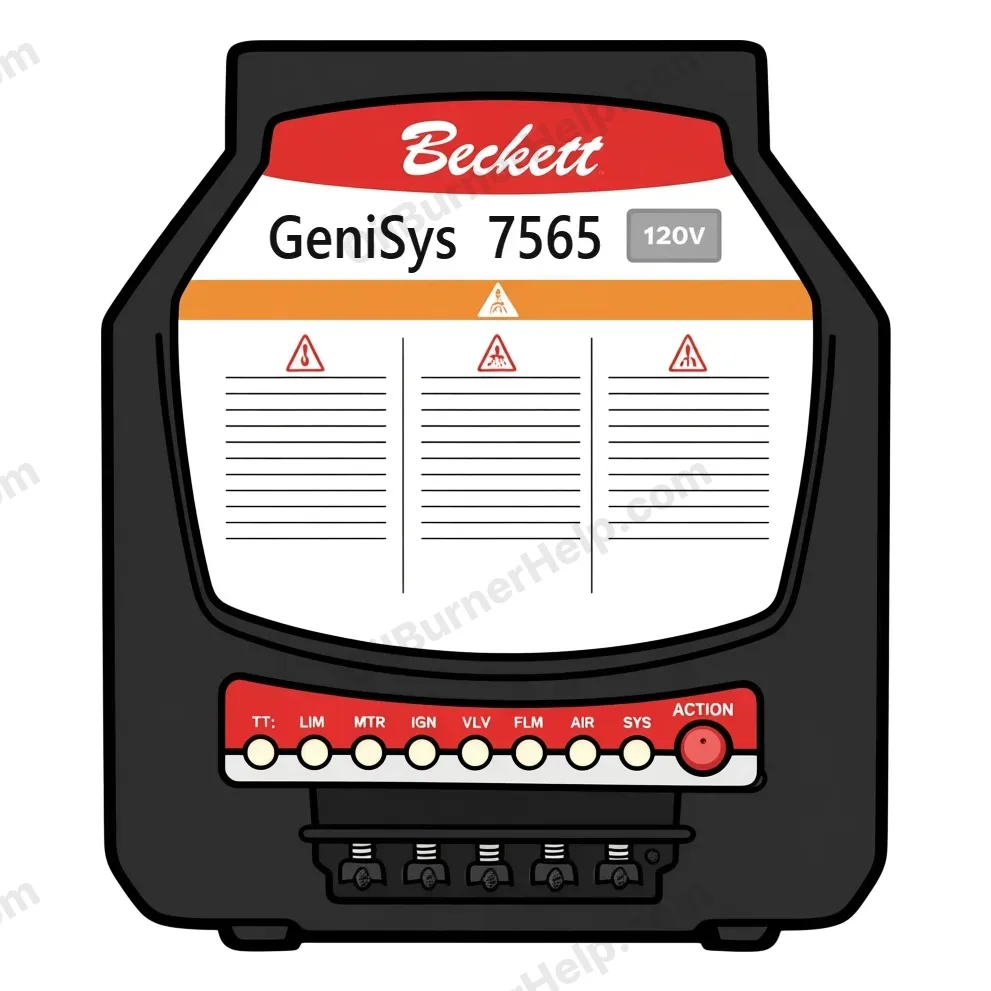 Beckett GeniSys 7565 oil primary control: black box with a white label, a row of eight named lights and a red ACTION button along the bottom