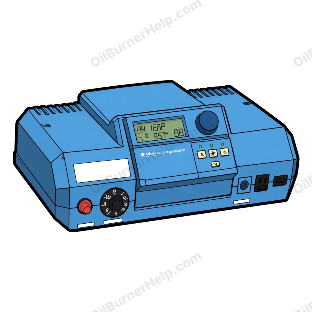 Buderus Logamatic 2107 boiler control: wide blue box with a small text window in the raised center panel, a round dial and three keys