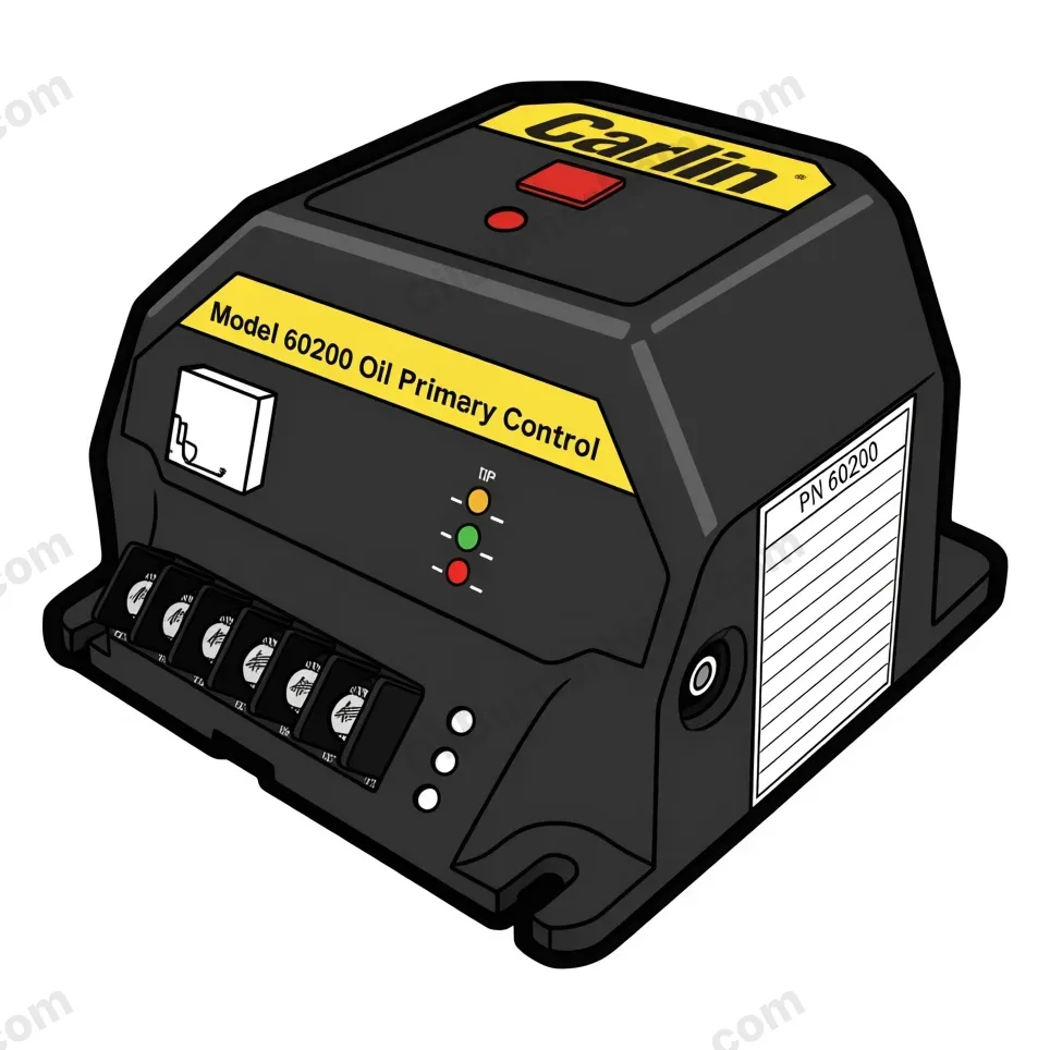 Carlin 60200 oil primary control: black box with a yellow label, a red reset button and three small status lights