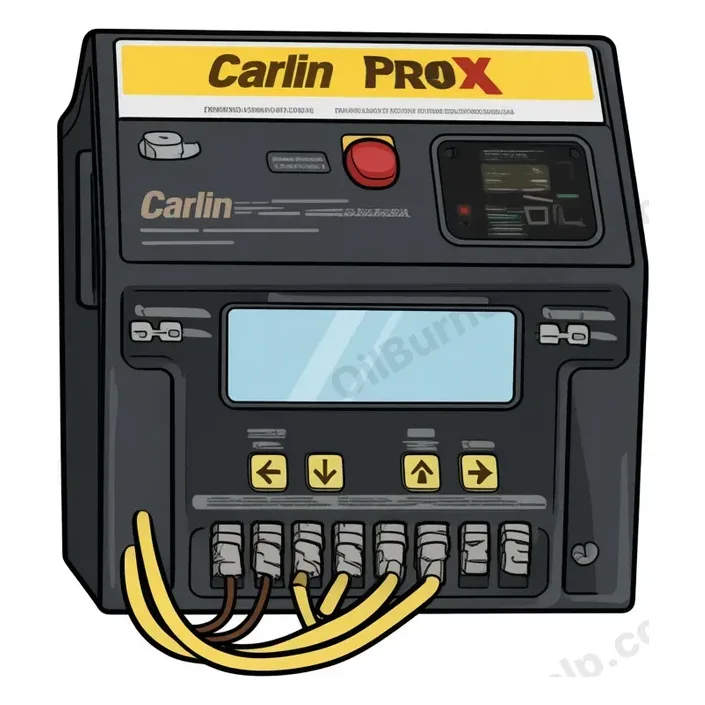 Carlin Pro-X 70200 oil primary control: black box with a small text screen and four buttons under it