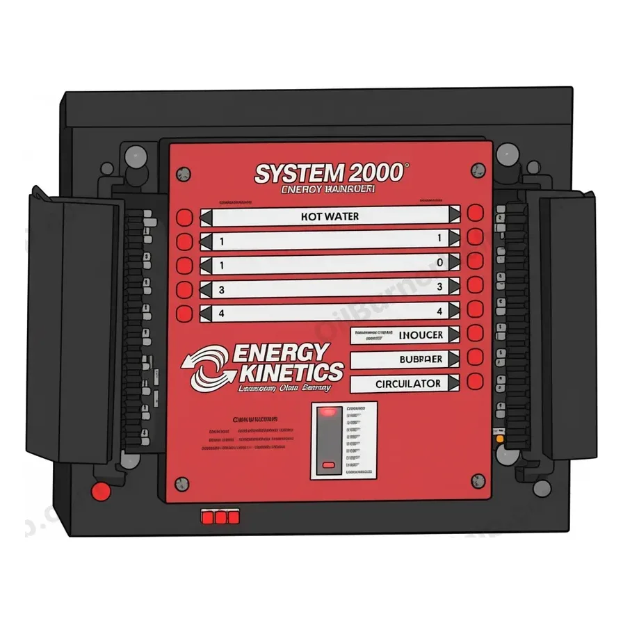 Energy Kinetics Digital Energy Manager: red panel with a column of small lights for the zones, inducer, burner and circulator, and no screen