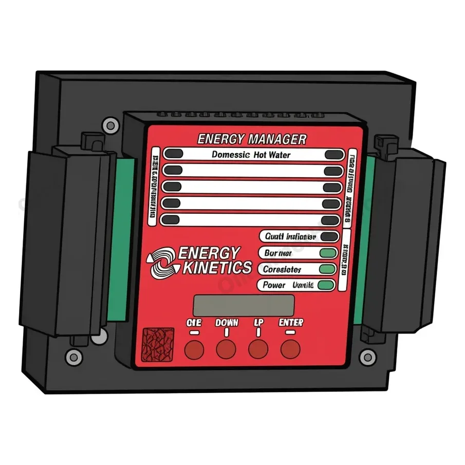 Energy Kinetics Display Energy Manager: red panel with a column of small lights, a small screen and four buttons under it