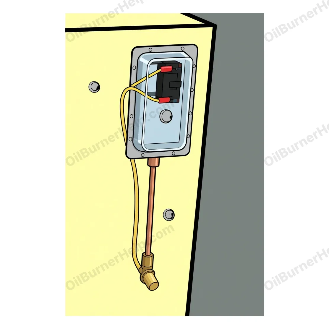 Energy Kinetics puff switch: a small pressure switch in a metal box on the boiler front, with a thin tube running down into the firebox