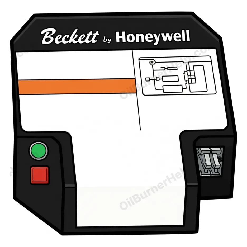 Honeywell R7184 oil primary control: black box with a white label, a small green indicator light and a red square reset button below it