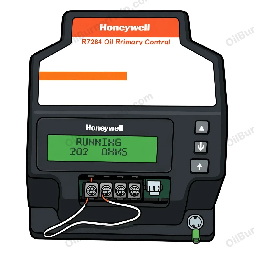Honeywell R7284 oil primary control: black box with a green text screen that shows words, arrow buttons beside it and wiring terminals below