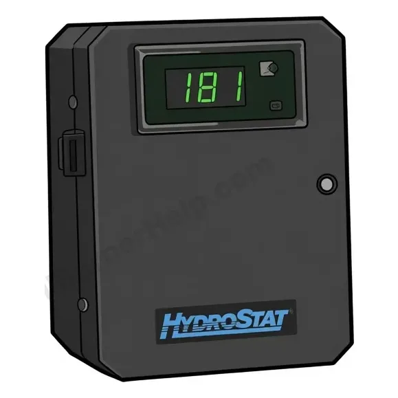 Hydrolevel HydroStat boiler control: black box with a three digit temperature readout in a window at the top and the HydroStat name on the door