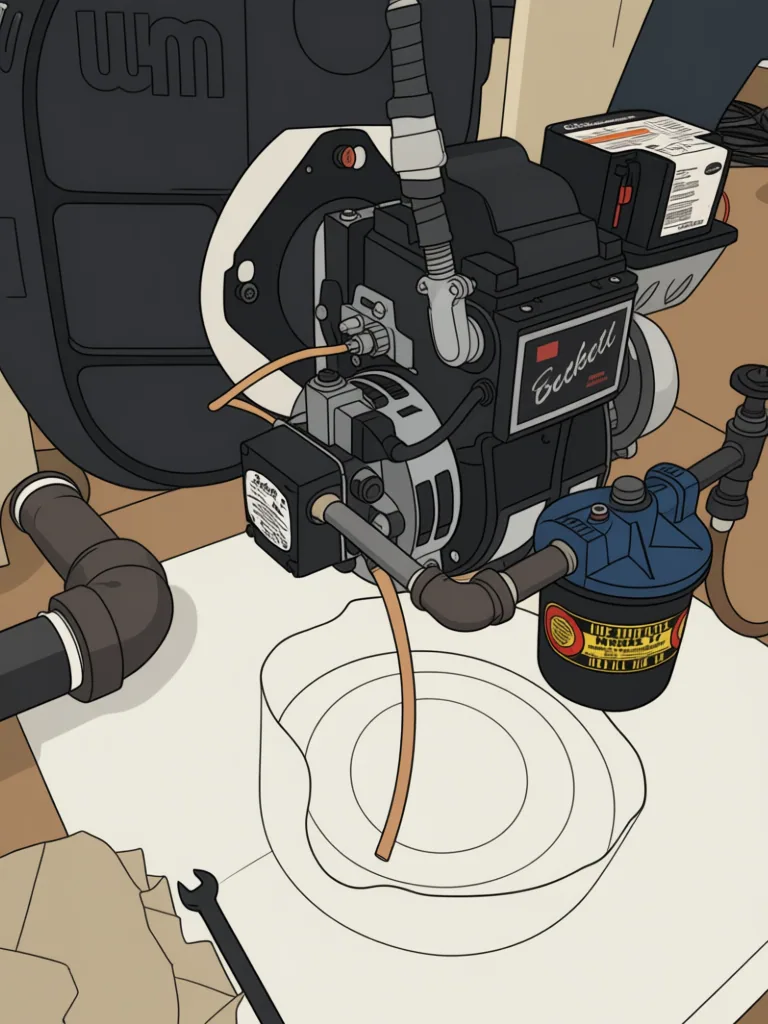 Bleed port on an oil burner fuel pump with a clear hose into a glass jar