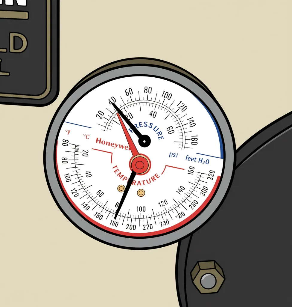Boiler temperature and pressure gauge reading about 180 degrees Fahrenheit