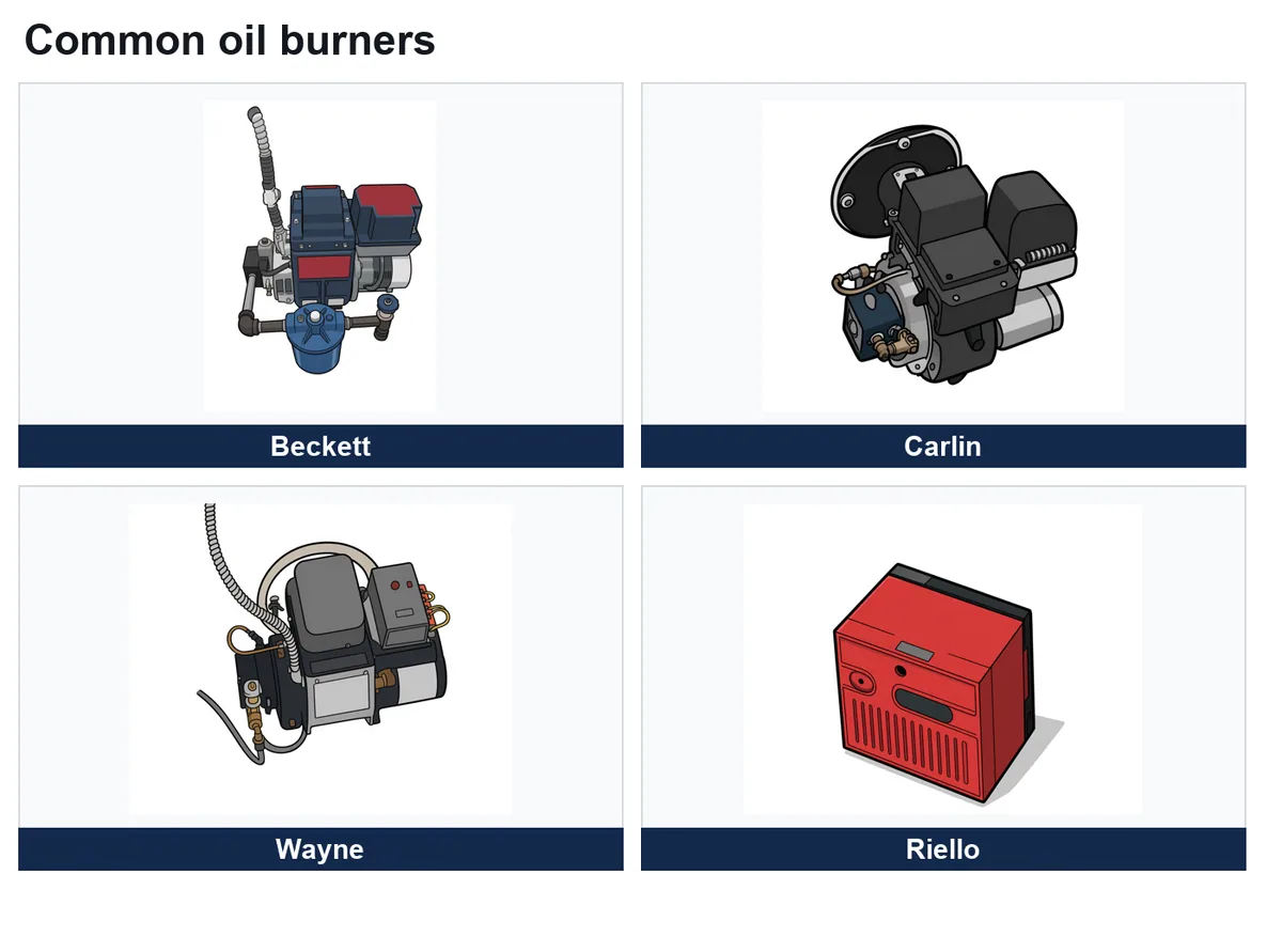 Four common residential oil burner brands side by side: Beckett, Carlin, Wayne, and Riello