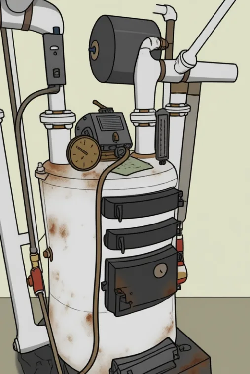 An old oil boiler with rust breaking through its jacket