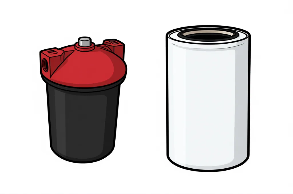 Cartridge oil filter with open bowl next to a spin-on oil filter canister