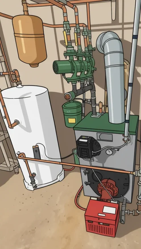 An oil boiler next to a separate indirect-fired hot water storage tank, joined by copper piping