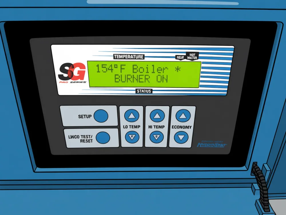 An aquastat, the boiler's temperature control, its display reading boiler temperature and that the burner is on
