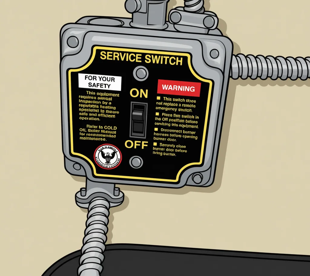 Oil burner service switch at the unit, a labeled on and off toggle in a metal box