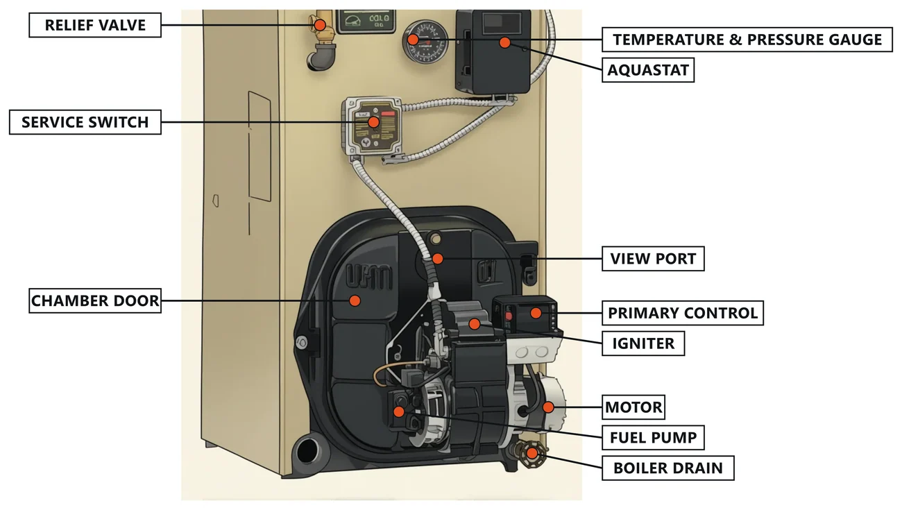 Oil boiler with its parts labeled: cabinet, burner, primary control, aquastat, gauge, relief valve, service switch