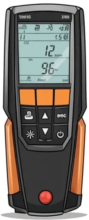 Digital combustion analyzer probe in an oil furnace flue showing efficiency readings