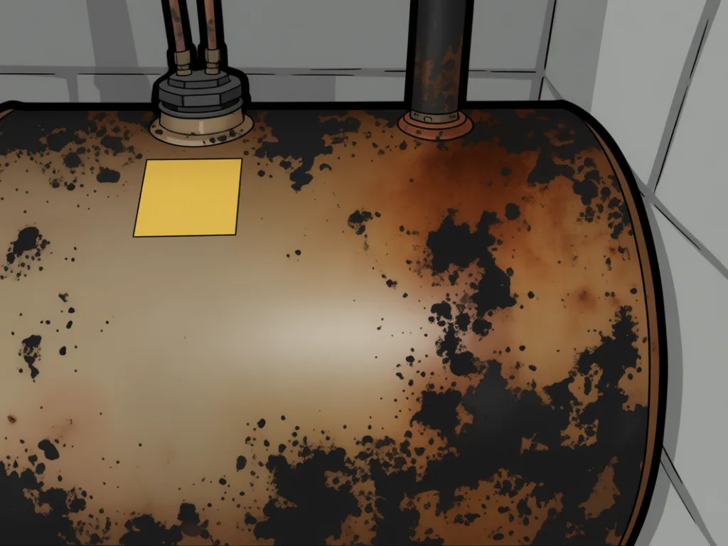 Aging oil tank bottom seam with rust weep, blistered paint, and pinhole stains