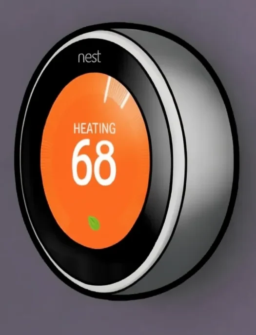 A round Wi-Fi smart thermostat mounted on a wall showing a heating setpoint