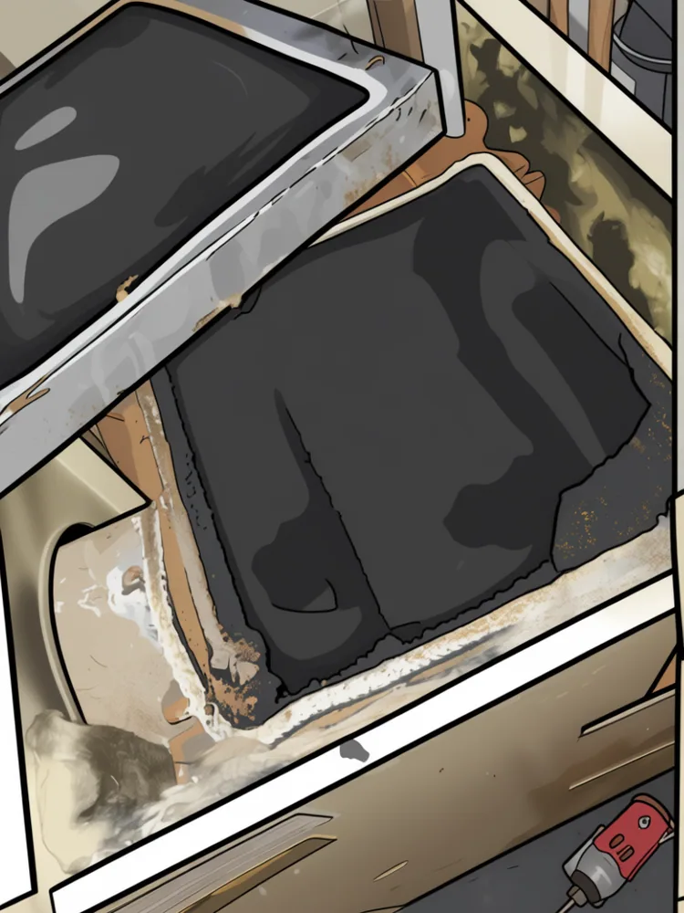 Open oil furnace firebox heavily coated in black soot