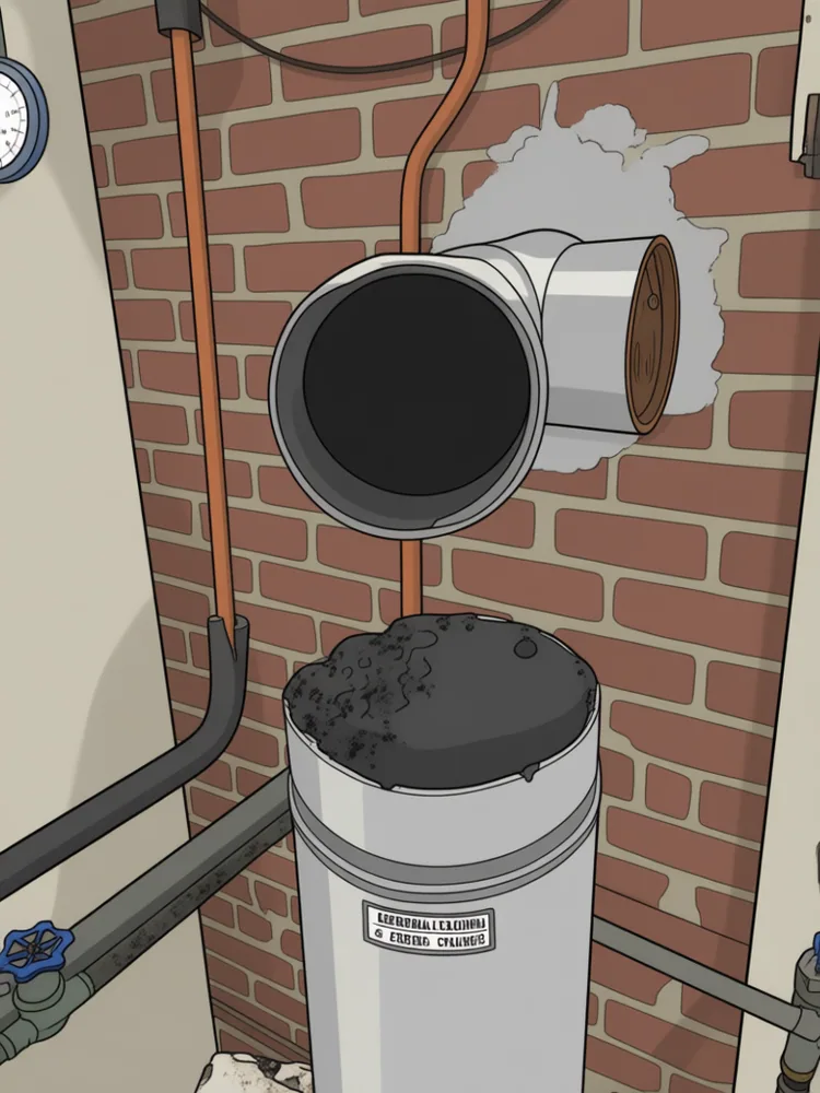 Disconnected oil furnace flue pipe heavily lined with soot