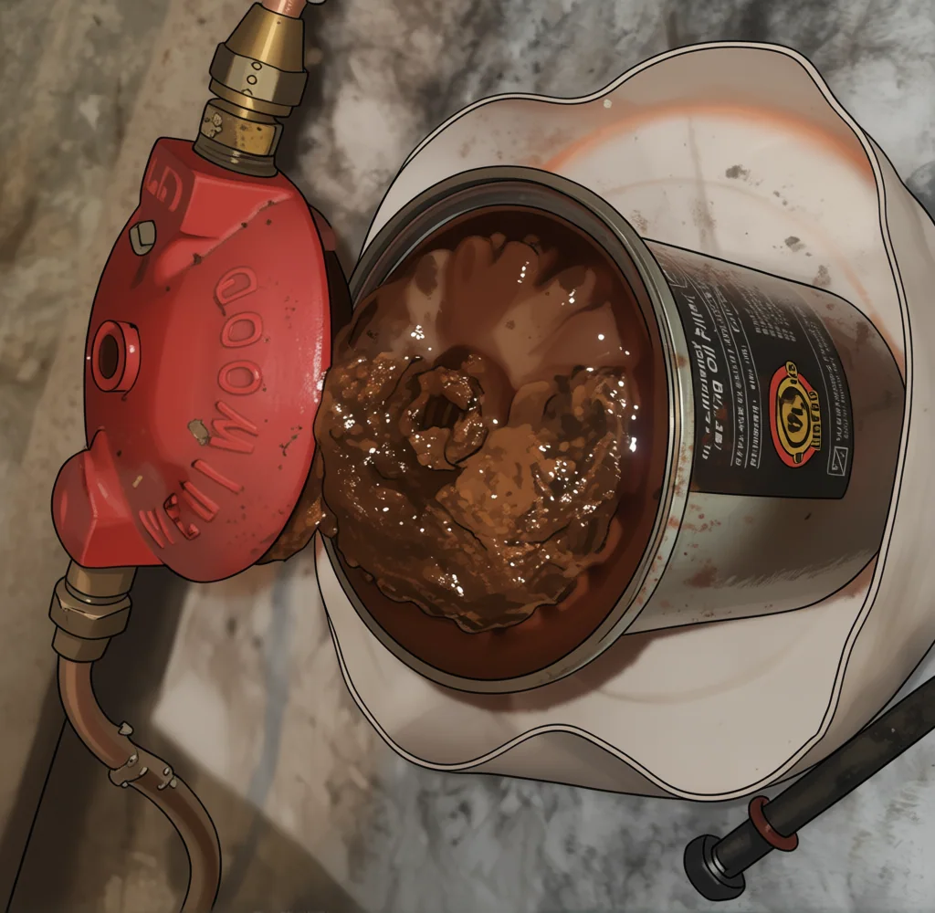 An oil fuel filter packed with rust-brown sludge from water in the fuel, beside the fire valve