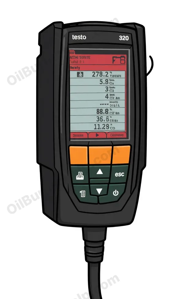 Handheld combustion analyzer with a color screen, a keypad and a probe hose, the instrument an oil burner is set up with